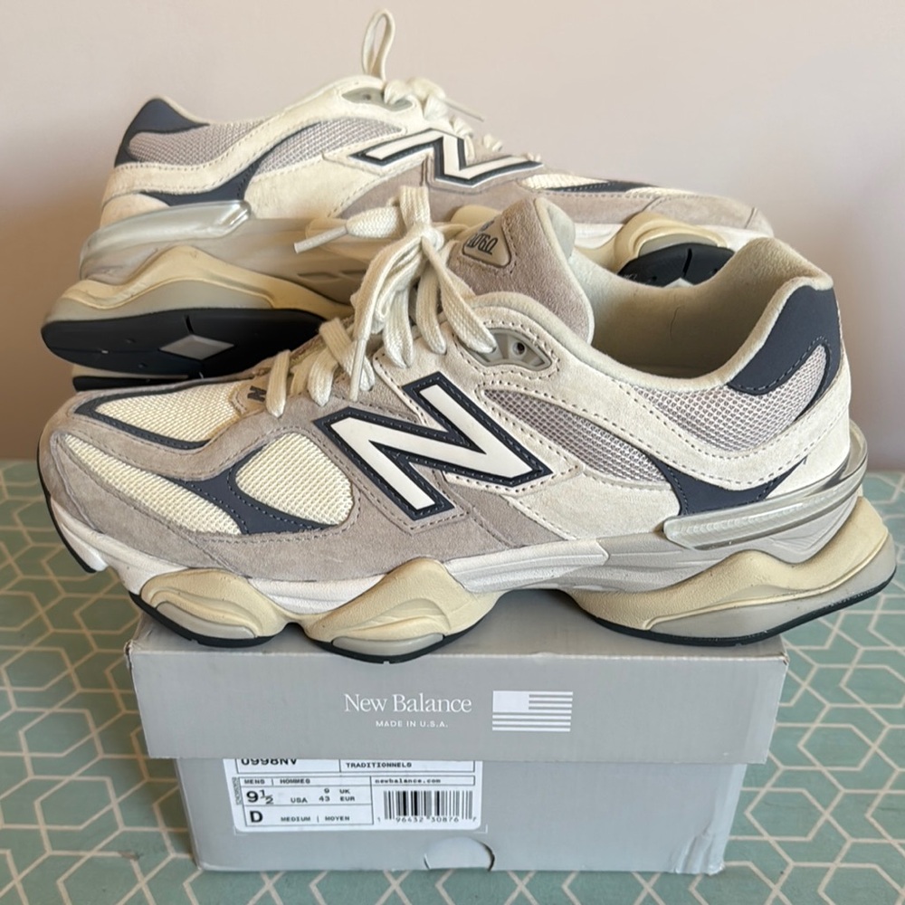 New Balance 9060 Cream and Gray Athletic Sneakers with Chunky Design